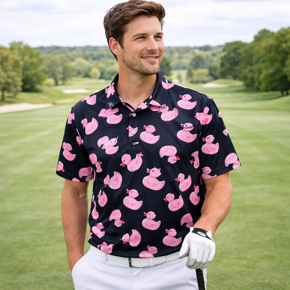 Nivichi Polo Shirt Mens XL Black w Pink Rubber Ducky Golf Casual Summer Fun